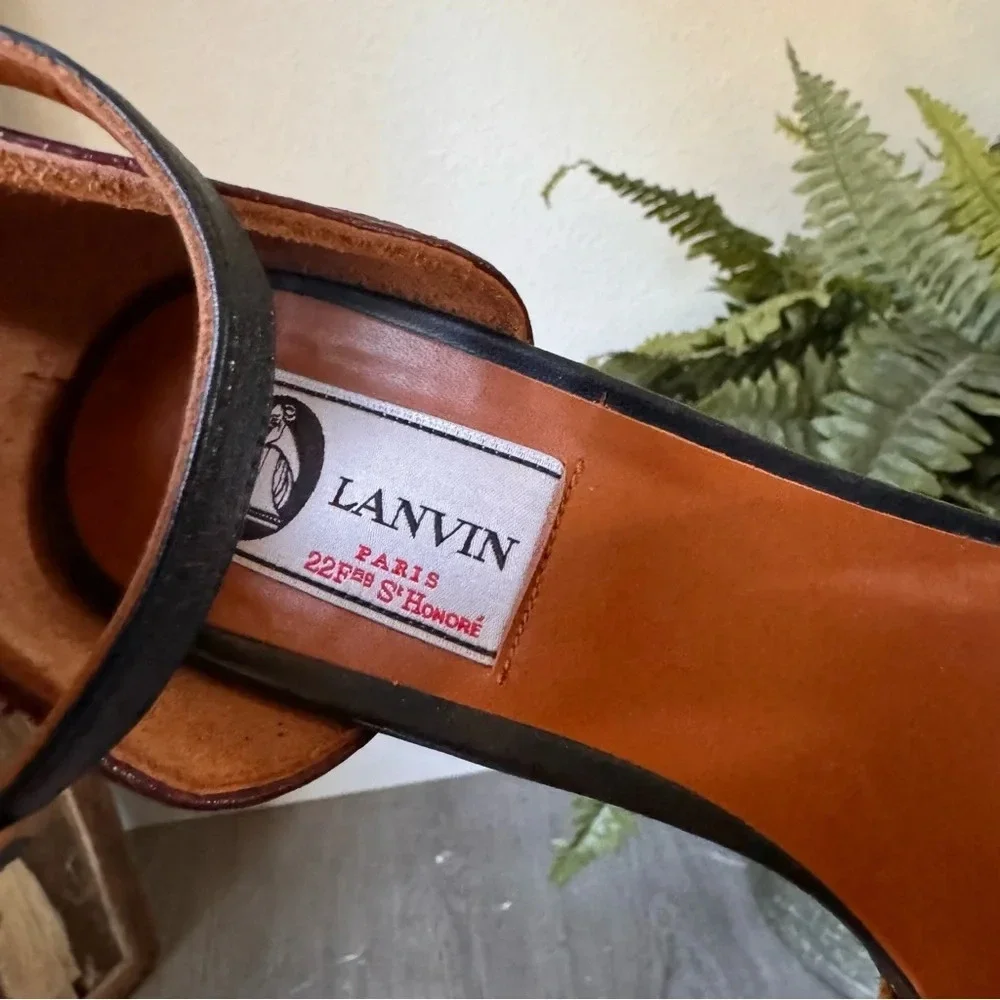 Lanvin Espadrille Leather Wedge Sandal Ankle Strap Paris 37 Multicolor Emboss - Picture 5 of 9